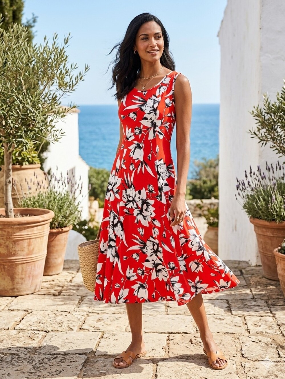 Nina Leonard Red Orange and White Floral Print Midi Sleeveless Scoop Neck Dress